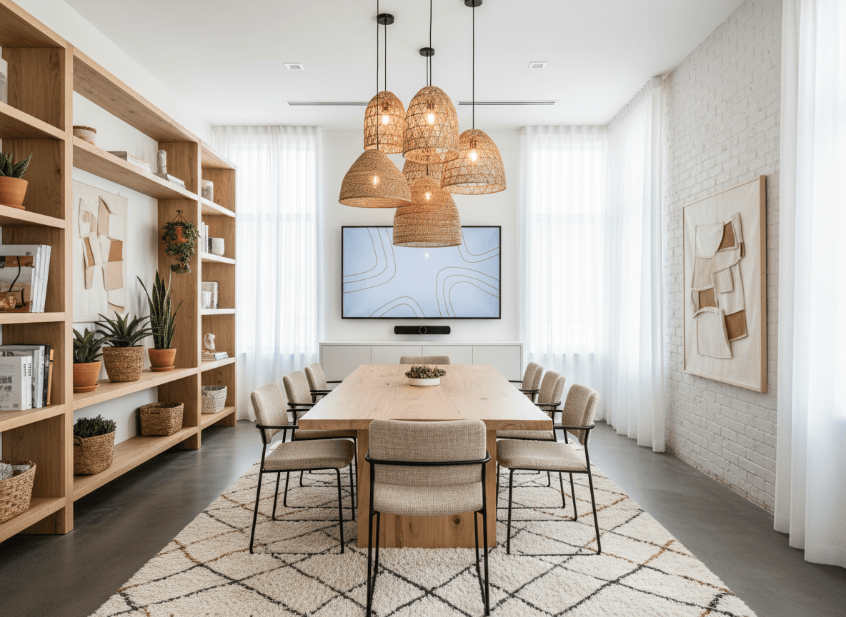 Modern Boho Meeting Room interior design - professional modern boho meeting room with sophisticated decor and premium finishes