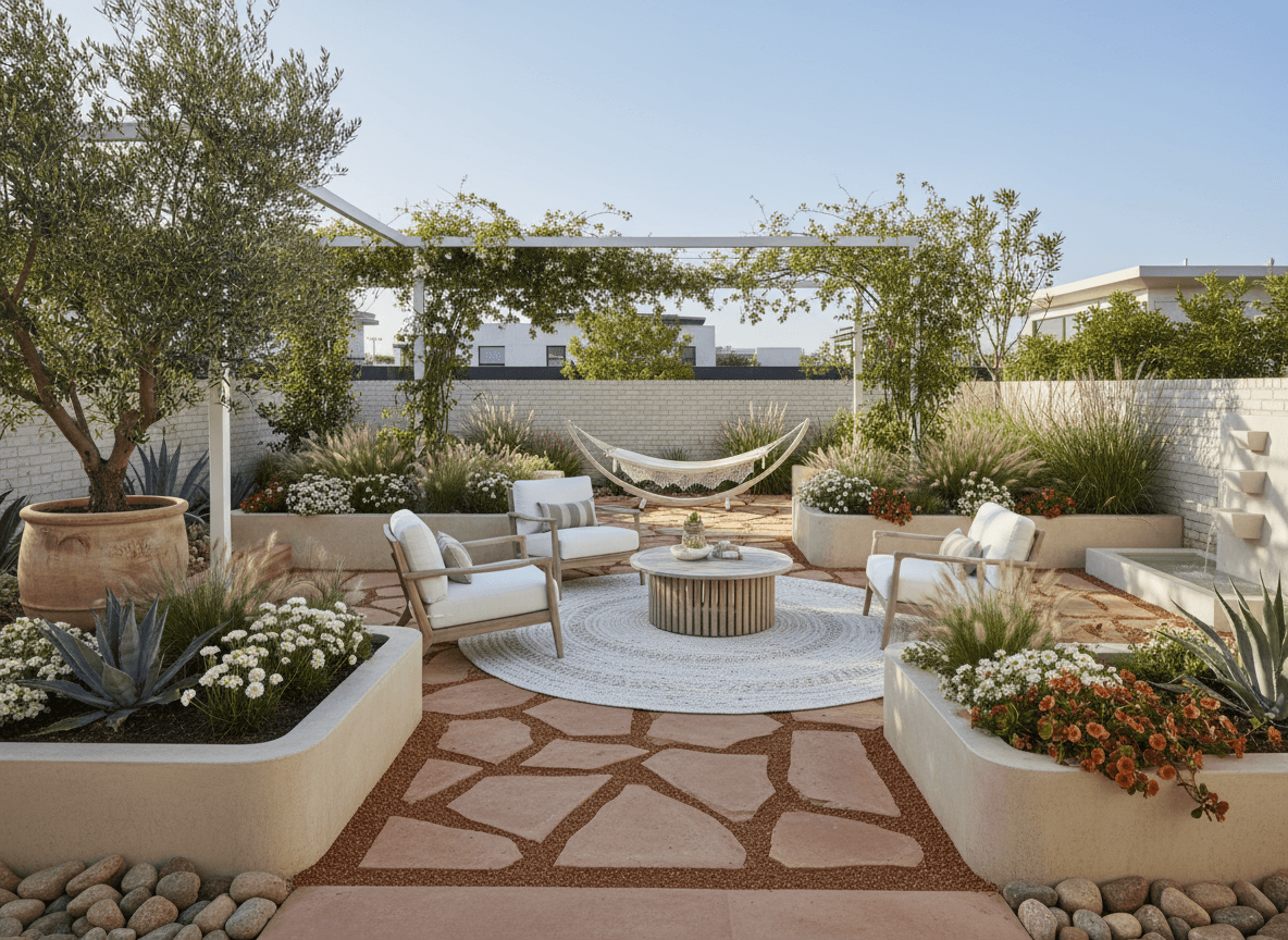 Modern Boho Outdoor Garden interior design - professional modern boho outdoor garden with sophisticated decor and premium finishes