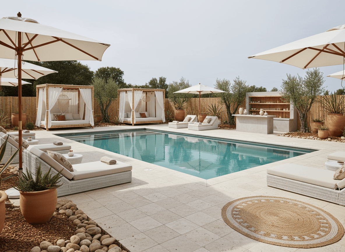 Modern Boho Outdoor Pool Area interior design - professional modern boho outdoor pool area with sophisticated decor and premium finishes