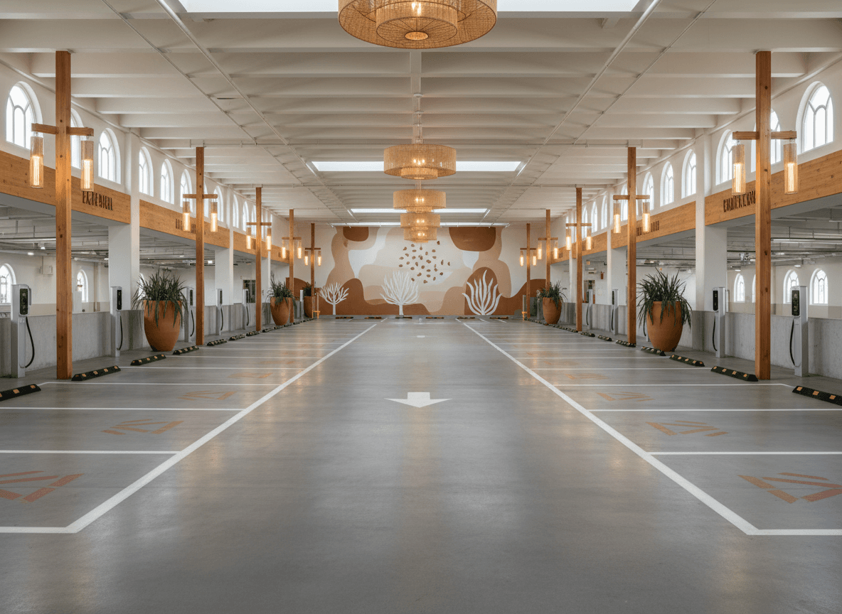 Modern Boho Parking Lot interior design - professional modern boho parking lot with sophisticated decor and premium finishes