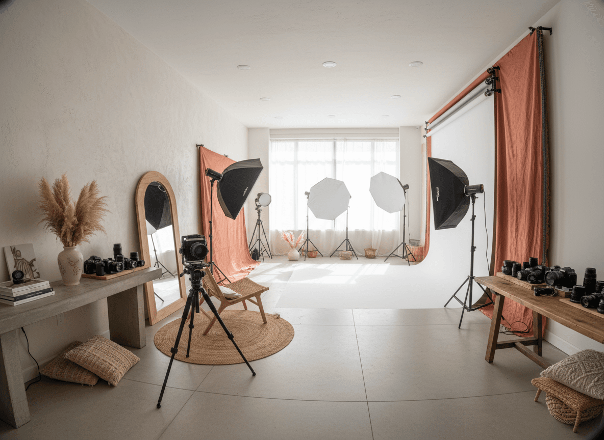 Modern Boho Photography Studio interior design - professional modern boho photography studio with sophisticated decor and premium finishes