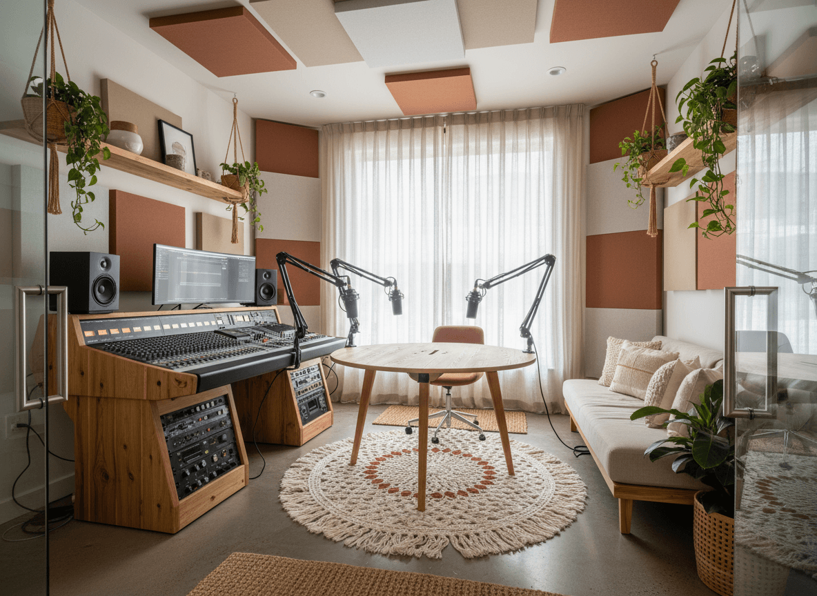 Modern Boho Podcast Studio interior design - professional modern boho podcast studio with sophisticated decor and premium finishes