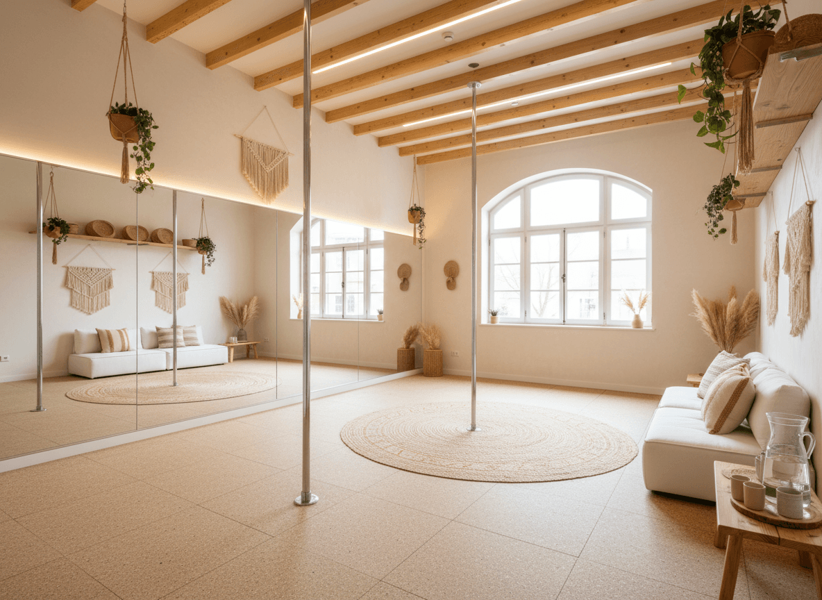 Modern Boho Pole Dance Studio interior design - professional modern boho pole dance studio with sophisticated decor and premium finishes