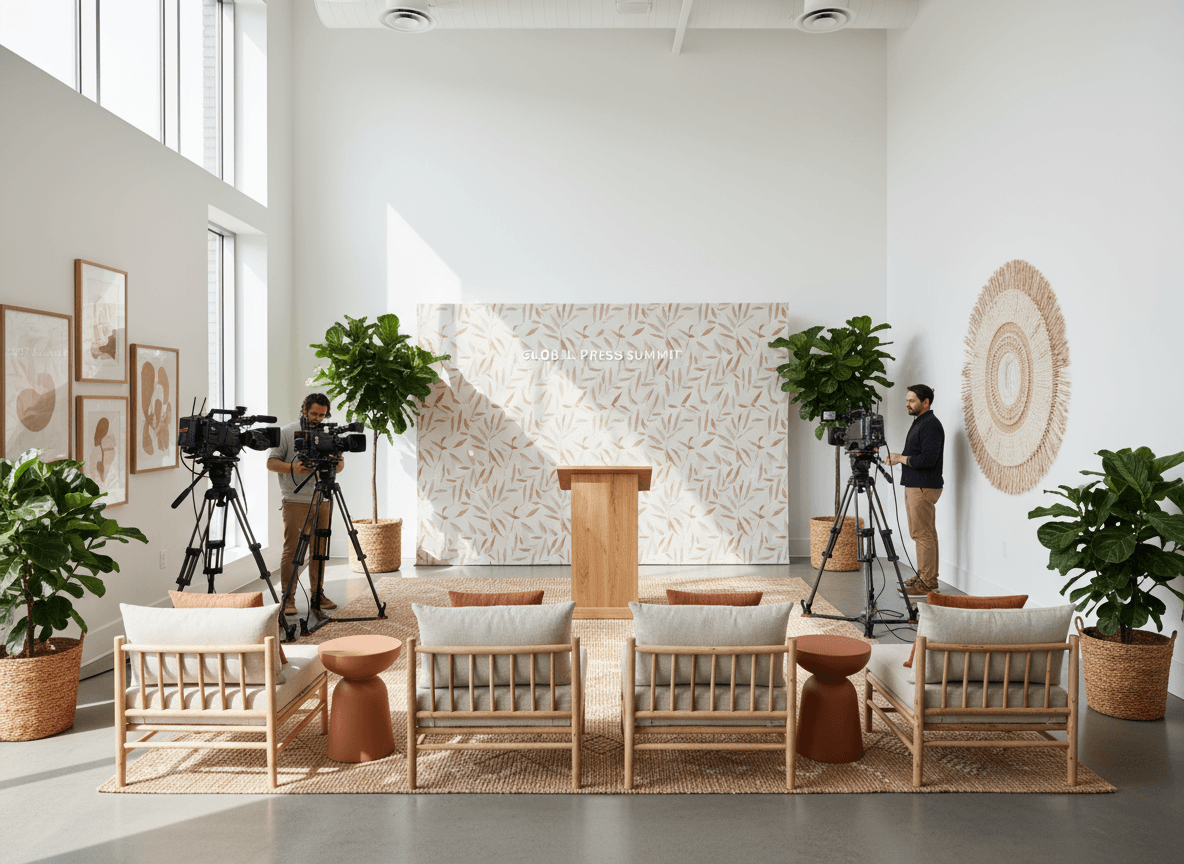 Modern Boho Press Room interior design - professional modern boho press room with sophisticated decor and premium finishes