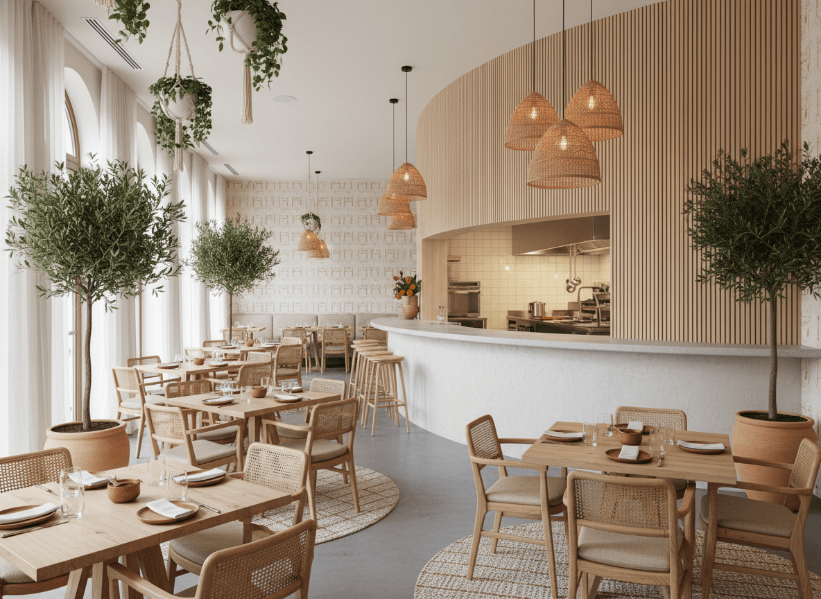 Modern Boho Restaurant interior design - professional modern boho restaurant with sophisticated decor and premium finishes