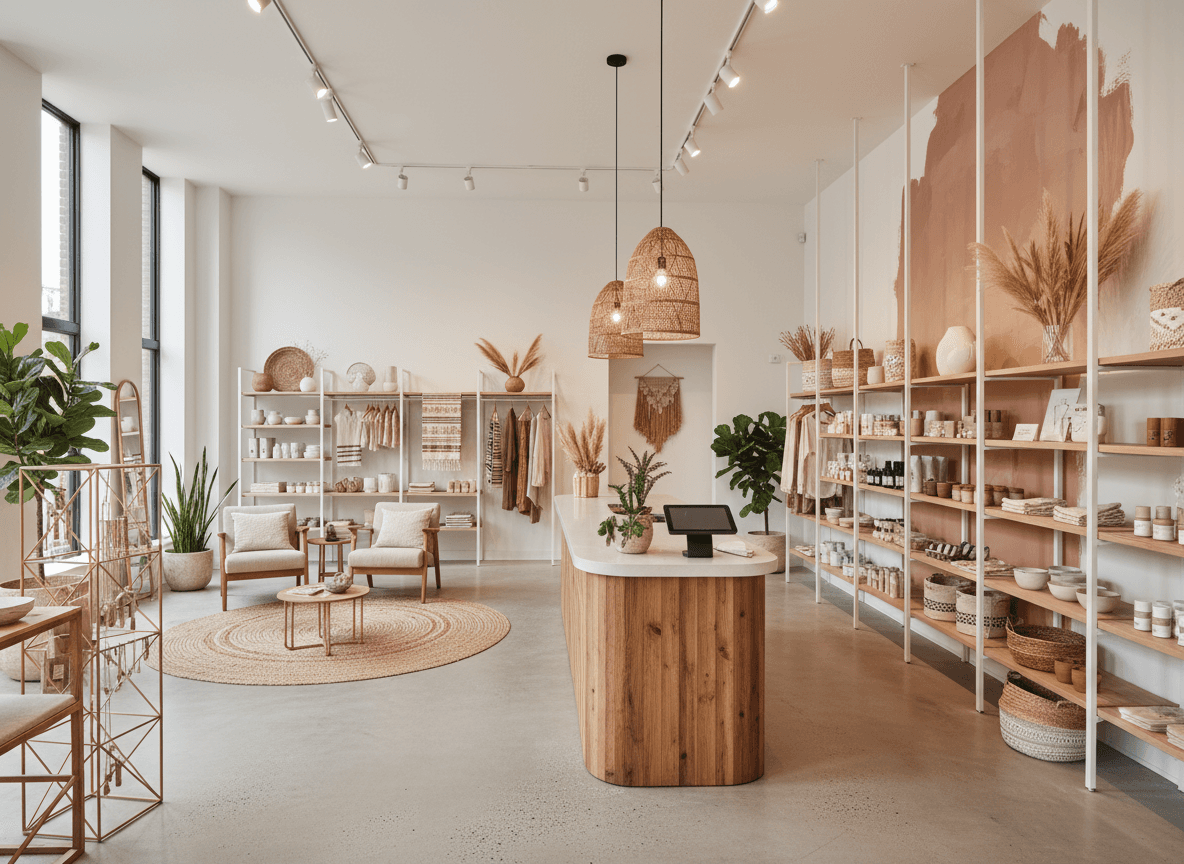 Modern Boho Store interior design - professional modern boho store with sophisticated decor and premium finishes