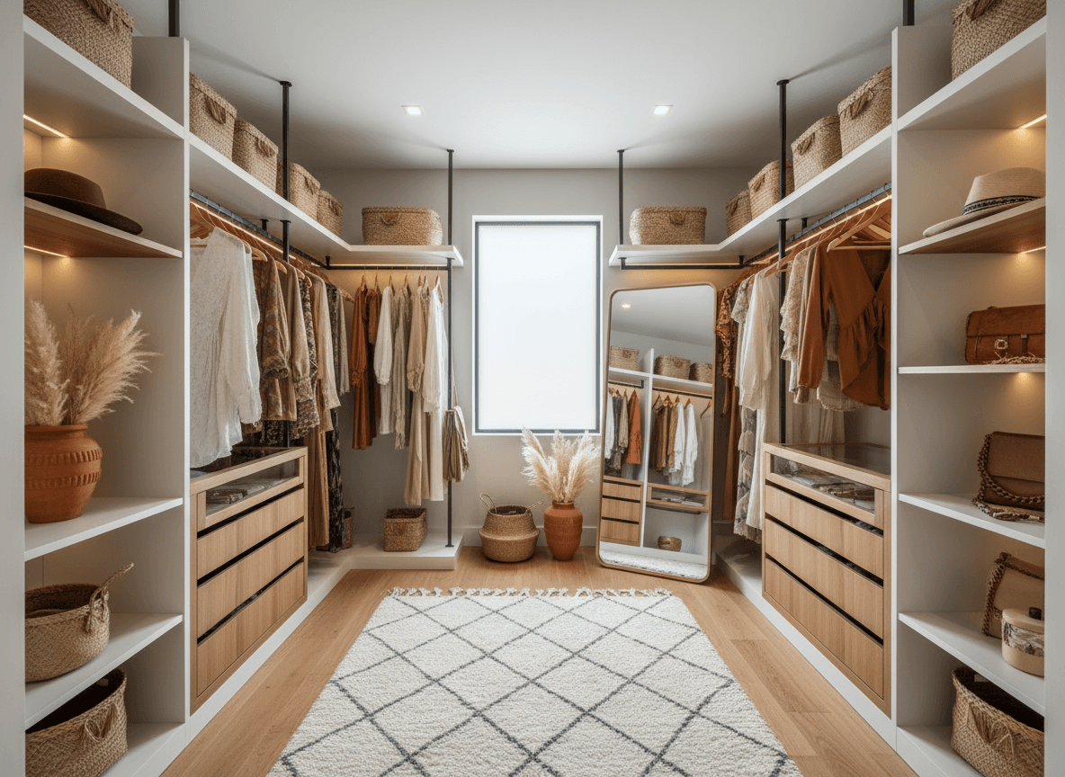 Modern Boho Walk In Closet interior design - professional modern boho walk in closet with sophisticated decor and premium finishes
