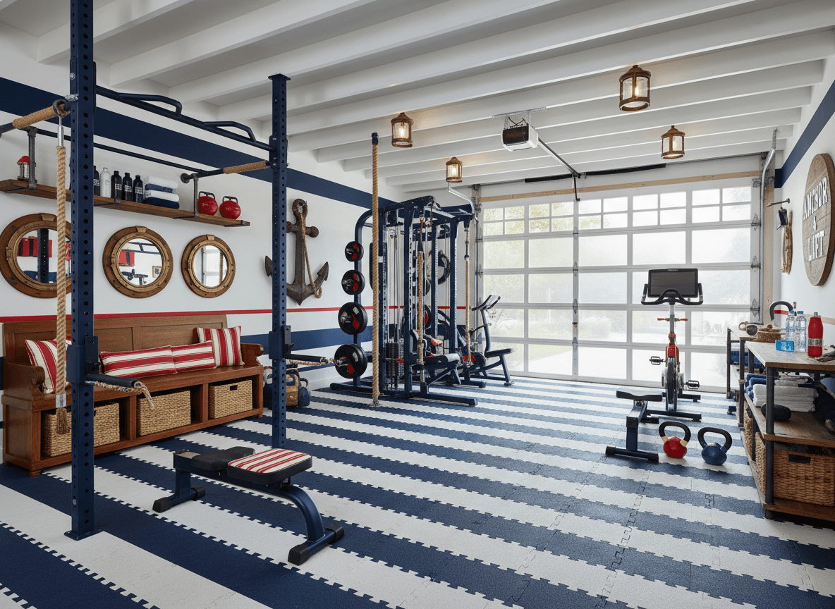 Nautical Garage Gym interior design - professional nautical garage gym with sophisticated decor and premium finishes
