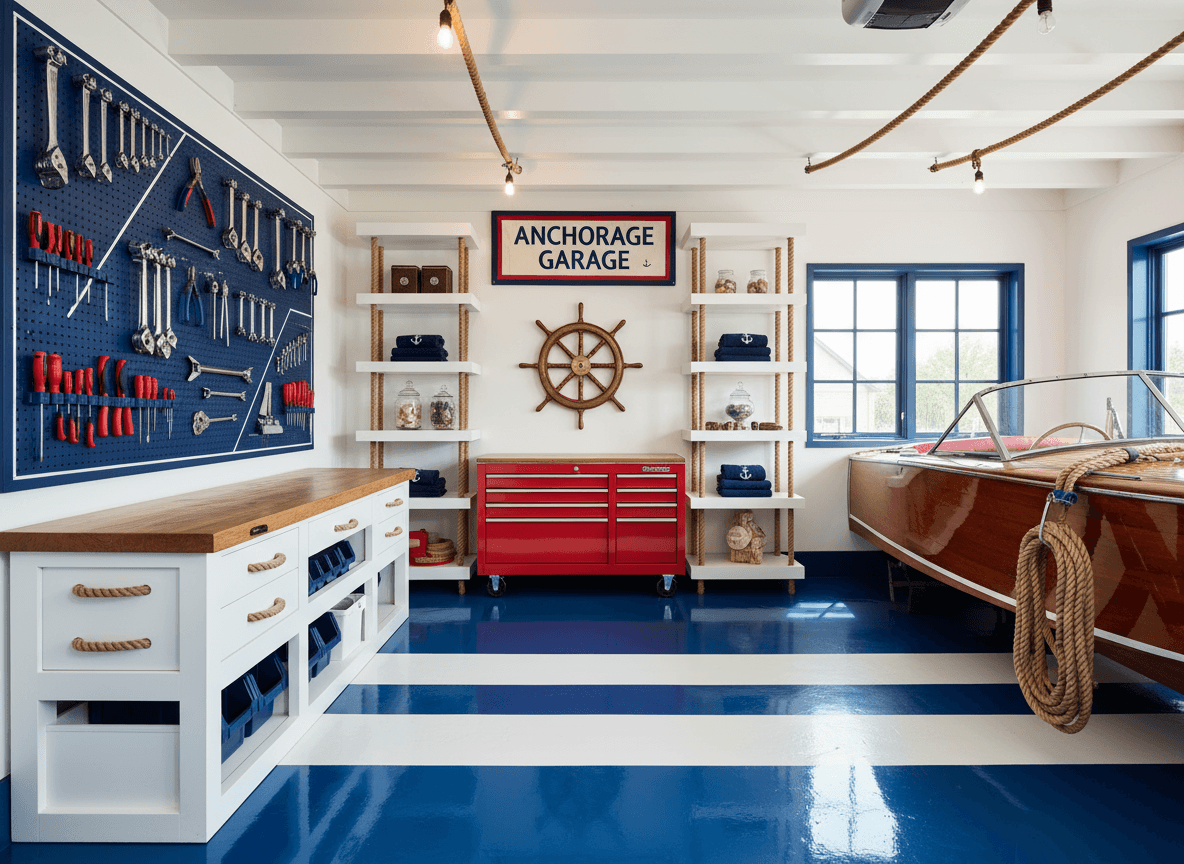Nautical Garage interior design - professional nautical garage with sophisticated decor and premium finishes