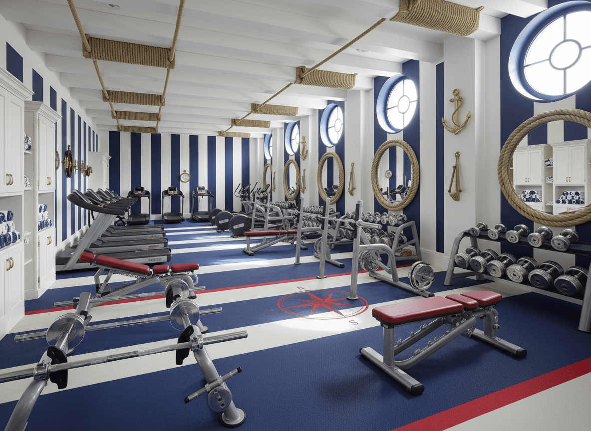 Nautical Gym interior design - professional nautical gym with sophisticated decor and premium finishes
