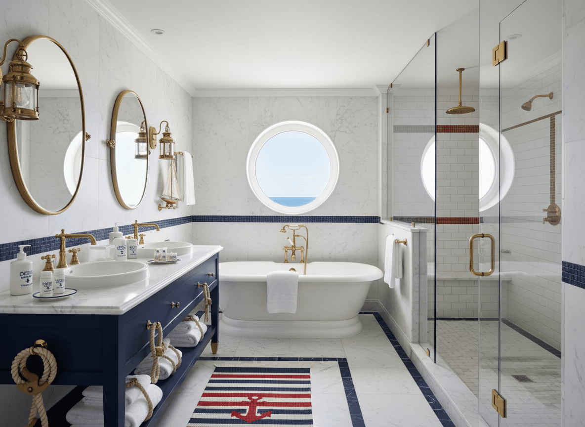Nautical Hotel Bathroom interior design - professional nautical hotel bathroom with sophisticated decor and premium finishes