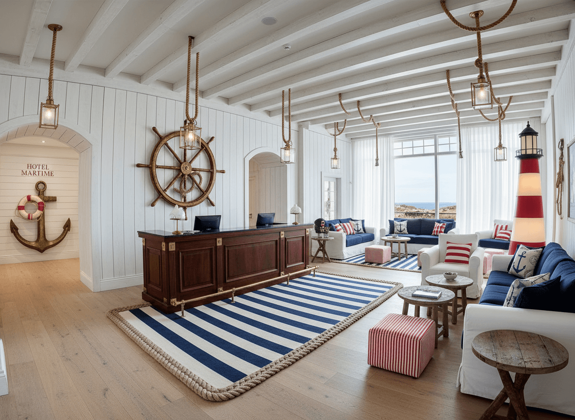 Nautical Hotel Lobby interior design - professional nautical hotel lobby with sophisticated decor and premium finishes