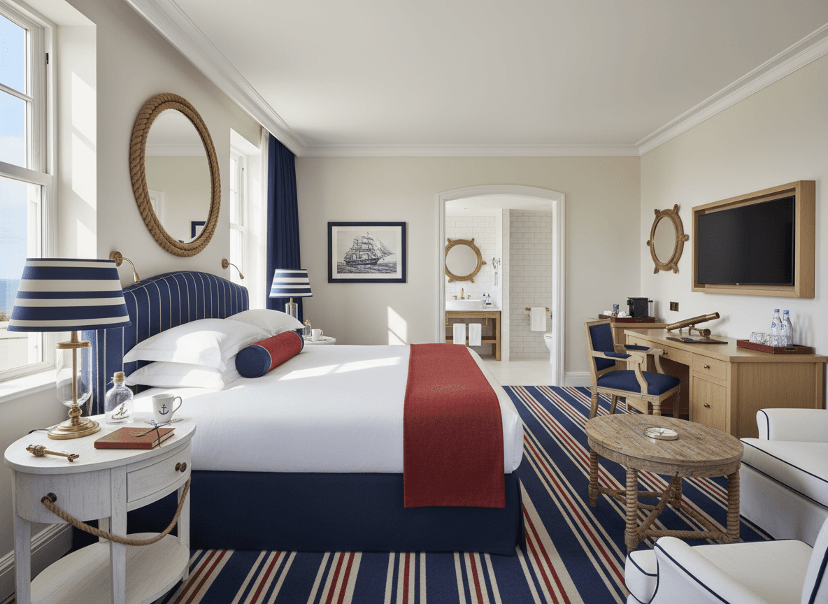 Nautical Hotel Room interior design - professional nautical hotel room with sophisticated decor and premium finishes