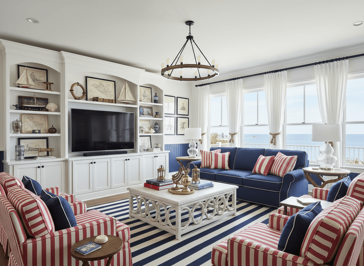Nautical Living Room interior design - professional nautical living room with sophisticated decor and premium finishes
