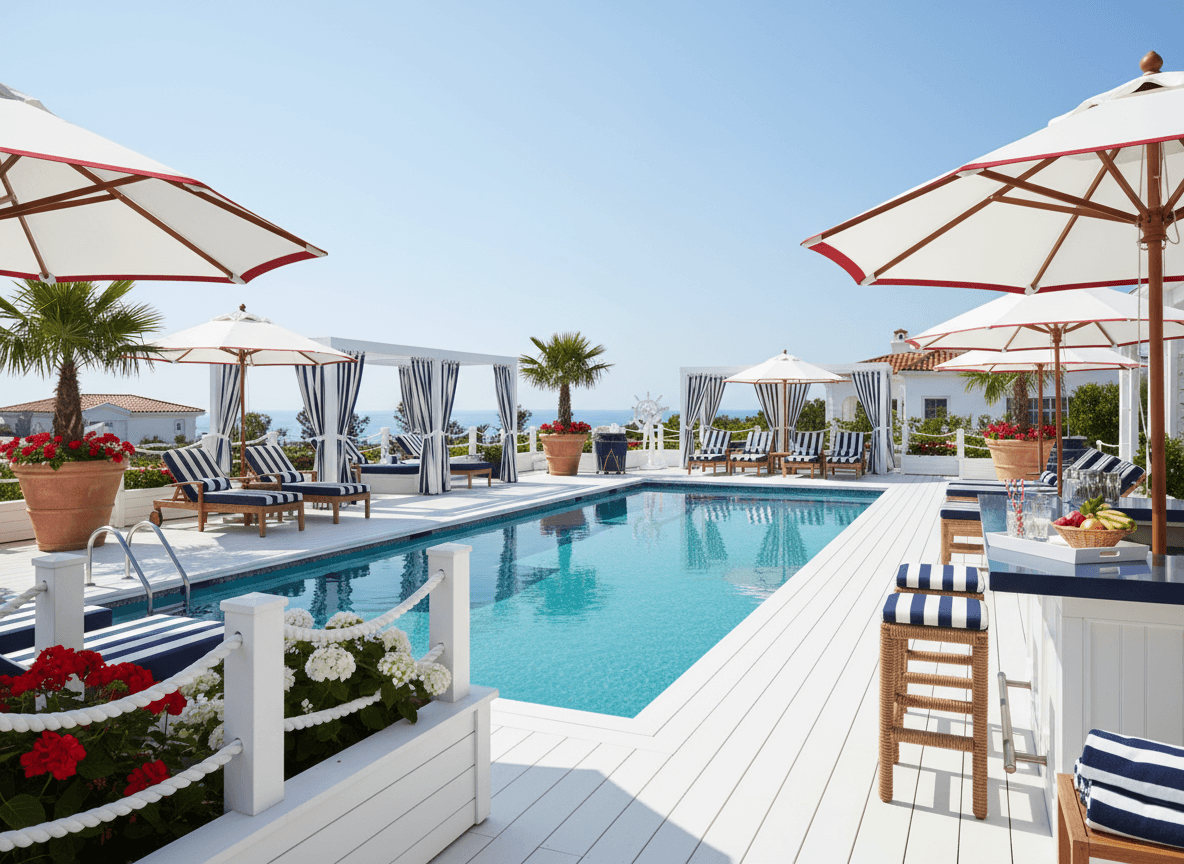 Nautical Outdoor Pool Area interior design - professional nautical outdoor pool area with sophisticated decor and premium finishes
