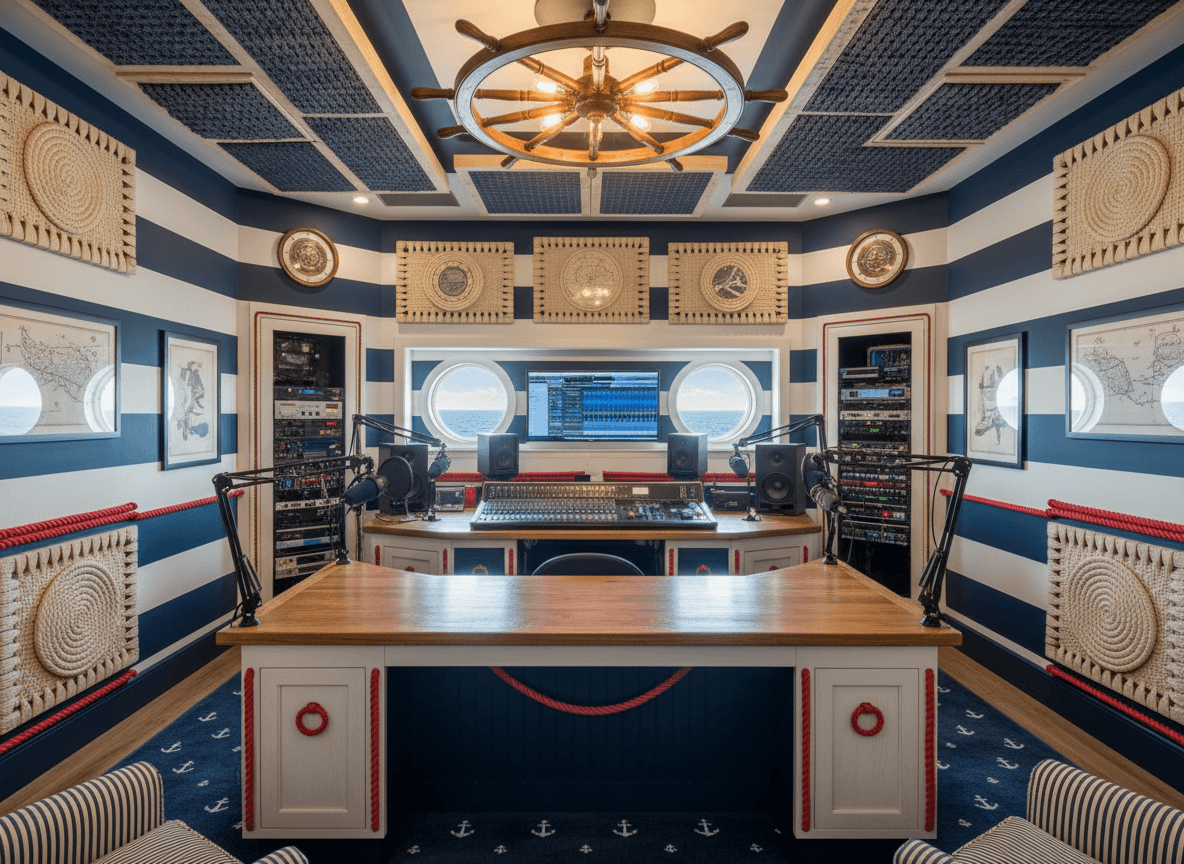 Nautical Podcast Studio interior design - professional nautical podcast studio with sophisticated decor and premium finishes