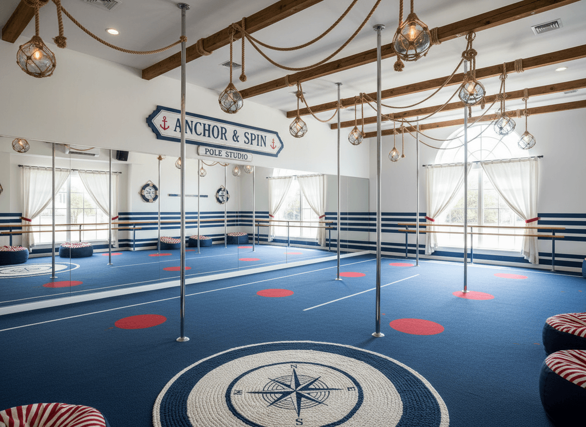 Nautical Pole Dance Studio interior design - professional nautical pole dance studio with sophisticated decor and premium finishes