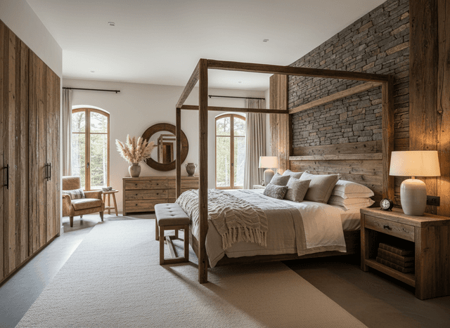 Rustic Bedroom interior design - professional rustic bedroom with sophisticated decor and premium finishes