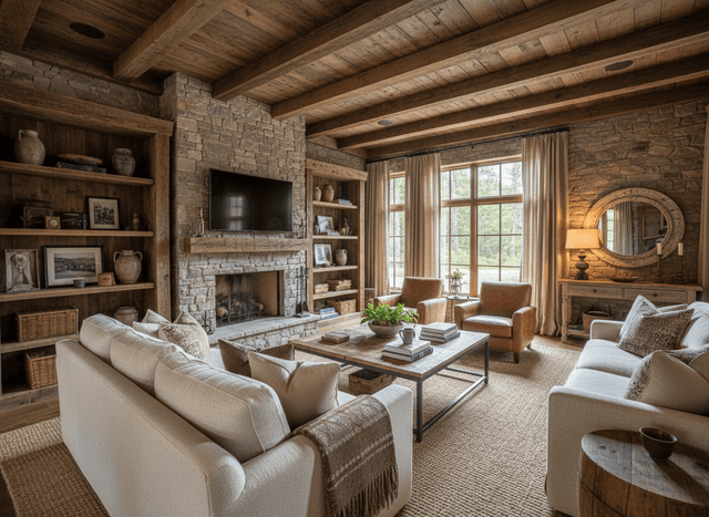 Rustic Living Room interior design - professional rustic living room with sophisticated decor and premium finishes