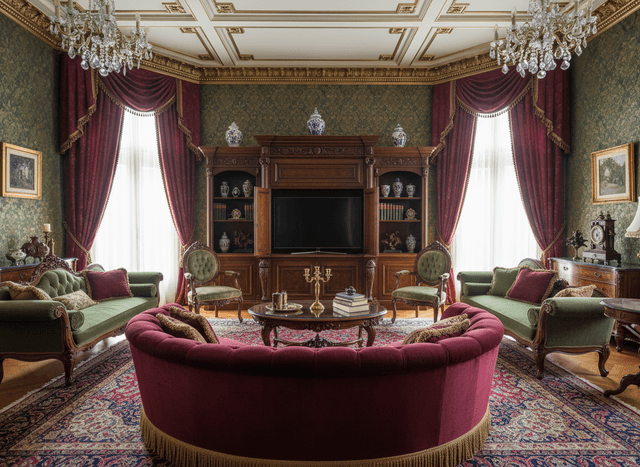 Victorian Living Room interior design - professional victorian living room with sophisticated decor and premium finishes
