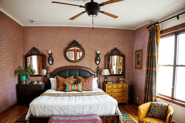 Bohemian Bedroom with Bold Colors and Layered Textiles bohemian-style interior designed (hotel room interior) with headboard and working desk with desk chair and bed and hotel bathroom and accent chair and dresser closet and mirror and night light. . with woods and animal hides and bold colors and bold patterns and carefree layers of pattern, texture, and color and travel trinkets and playful colors and playful patterns. . cinematic photo, highly detailed, cinematic lighting, ultra-detailed, ultrarealistic, photorealism, 8k.