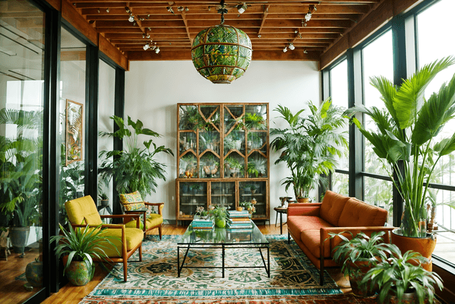 Bohemian Meeting Room with Natural Materials and Bold Patterns bohemian-style interior designed (meeting room interior) with glass doors and office chairs and boardroom table and plant and cabinets and glass walls. . with woods and playful colors and bold patterns and carefree layers of pattern, texture, and color and natural materials and mixed patterns and playful textures and animal hides. . cinematic photo, highly detailed, cinematic lighting, ultra-detailed, ultrarealistic, photorealism, 8k.