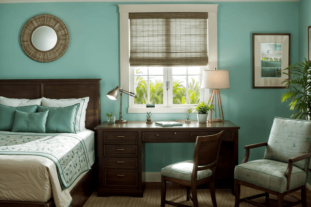 Coastal Bedroom Interior with Light Colors and Natural Textures coastal-style (hotel room interior) with working desk with desk chair and plant and storage bench or ottoman and mirror and headboard and accent chair and night light and bedside table or night stand. . with . . cinematic photo, highly detailed, cinematic lighting, ultra-detailed, ultrarealistic, photorealism, 8k. coastal interior design style.