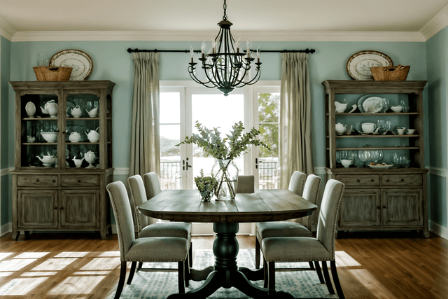 Coastal Dining Room with Airy Atmosphere and Natural Light photo from pinterest of coastal-style interior designed (dining room interior) with dining table and painting or photo on wall and vase and table cloth and bookshelves and plant and light or chandelier and plates, cutlery and glasses on dining table. . with . . cinematic photo, highly detailed, cinematic lighting, ultra-detailed, ultrarealistic, photorealism, 8k. trending on pinterest. coastal interior design style.