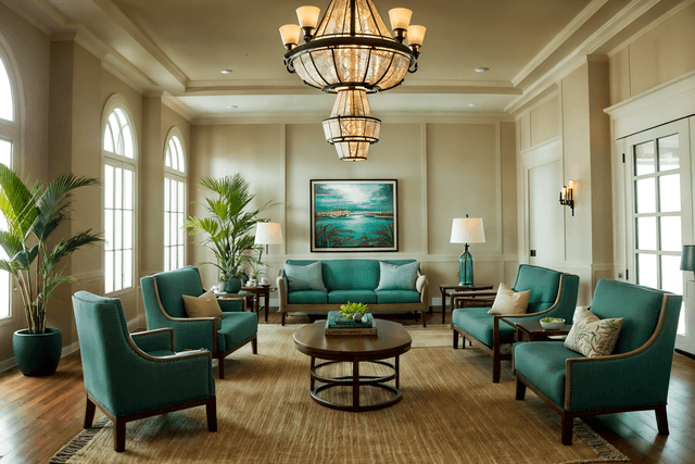 Coastal Hotel Lobby with Relaxed Elegance and Natural Elements photo from pinterest of coastal-style interior designed (hotel lobby interior) with hanging lamps and coffee tables and sofas and check in desk and furniture and lounge chairs and plant and rug. . with . . cinematic photo, highly detailed, cinematic lighting, ultra-detailed, ultrarealistic, photorealism, 8k. trending on pinterest. coastal interior design style.