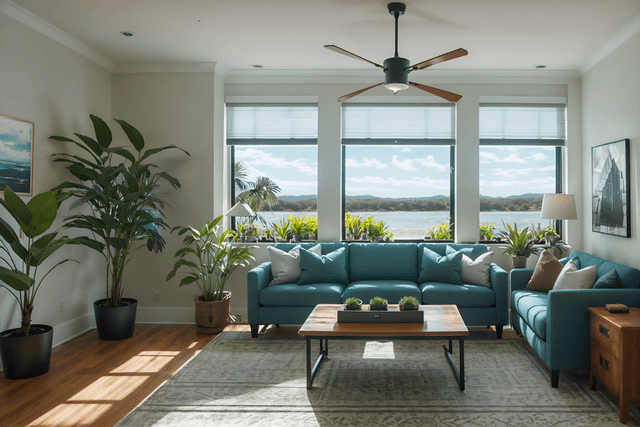 Coastal Office Interior with Natural Light and Clean Lines coastal-style (office interior) with cabinets and office desks and desk lamps and computer desks and office chairs and windows and seating area with sofa and plants. . with . . cinematic photo, highly detailed, cinematic lighting, ultra-detailed, ultrarealistic, photorealism, 8k. coastal interior design style.