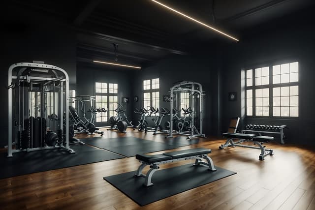 Refined French home gym composition featuring arched windows, brass hardware, light oak flooring, sculptural equipment, and diffused daylight, portrayed in ultra-realistic 8K photographic quality. Refined French home gym composition featuring arched windows, brass hardware, light oak flooring, sculptural equipment, and diffused daylight, portrayed in ultra-realistic 8K photographic quality.