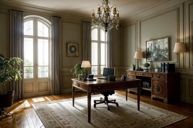 Parisian-inspired home office with carved wall paneling, vintage writing desk, blue toile drapery, gilded lighting, and layered art objects, documented in 8K ultra-detailed cinematic lighting. Parisian-inspired home office with carved wall paneling, vintage writing desk, blue toile drapery, gilded lighting, and layered art objects, documented in 8K ultra-detailed cinematic lighting.