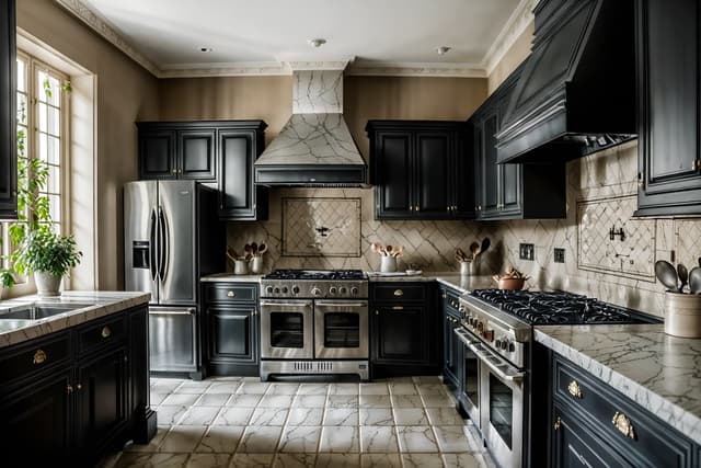 Warm French kitchen interior showing stone range hood, cream inset cabinetry, brass sconces, rustic farmhouse table with fresh florals, and copper cookware, captured in photorealistic 8K resolution. Warm French kitchen interior showing stone range hood, cream inset cabinetry, brass sconces, rustic farmhouse table with fresh florals, and copper cookware, captured in photorealistic 8K resolution.