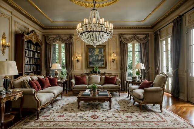 Grand French salon living room with tufted seating, crystal chandelier, pale blue walls, marble fireplace, and antique artwork, illuminated with cinematic light in hyper-realistic 8K detail. Grand French salon living room with tufted seating, crystal chandelier, pale blue walls, marble fireplace, and antique artwork, illuminated with cinematic light in hyper-realistic 8K detail.