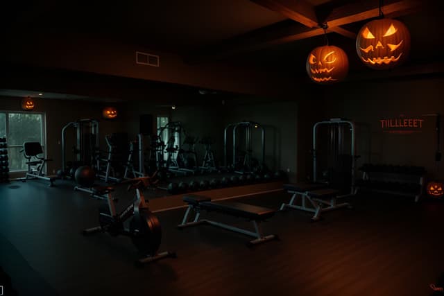 High-contrast Halloween home gym scene with matte black equipment, amber uplighting, jack-o'-lantern glow, charcoal walls, and cinematic shadows rendered in ultra-realistic 8K detail. High-contrast Halloween home gym scene with matte black equipment, amber uplighting, jack-o'-lantern glow, charcoal walls, and cinematic shadows rendered in ultra-realistic 8K detail.