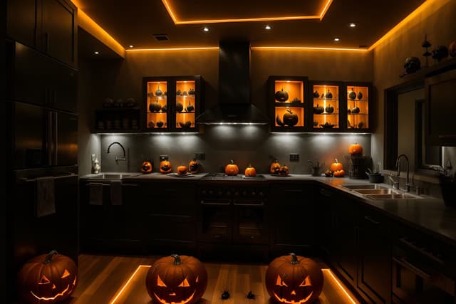 Atmospheric Halloween kitchen design showing matte black cabinetry, cauldron-inspired island, copper cookware, orange accent lighting, and autumn branches, rendered in photorealistic 8K clarity. Atmospheric Halloween kitchen design showing matte black cabinetry, cauldron-inspired island, copper cookware, orange accent lighting, and autumn branches, rendered in photorealistic 8K clarity.