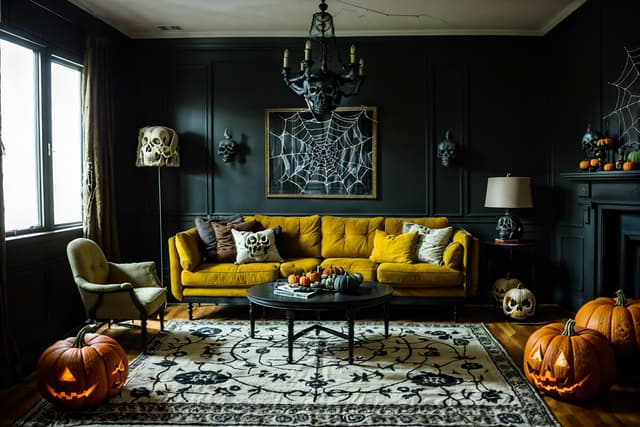 Moody Halloween living room styled with velvet sofa, ornate fireplace, towering candelabras, raven motifs, and seasonal pumpkins bathed in dramatic cinematic light, ultra-detailed 8K quality. Moody Halloween living room styled with velvet sofa, ornate fireplace, towering candelabras, raven motifs, and seasonal pumpkins bathed in dramatic cinematic light, ultra-detailed 8K quality.