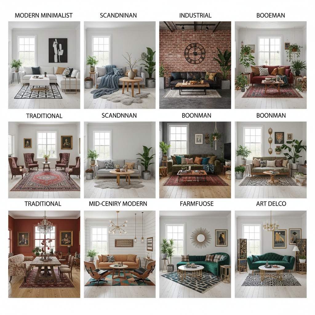 2x4 grid layout showing the exact same empty living room (white walls, hardwood floors, large window, standard ceiling height) transformed into 8 distinct design styles: 1) Modern Minimalist (white/gray palette, clean lines, geometric furniture), 2) Scandinavian (light woods, hygge textures, muted blues), 3) Industrial (exposed brick, metal fixtures, leather furniture), 4) Bohemian (rich jewel tones, layered textiles, plants), 5) Traditional (classic furniture, warm colors, formal layout), 6) Mid-Century Modern (teak wood, iconic Eames chairs, bold geometric patterns), 7) Farmhouse (shiplap walls, rustic wood, mason jar lighting), 8) Art Deco (gold accents, velvet furniture, bold geometric patterns). Each square should be clearly labeled with the style name.
