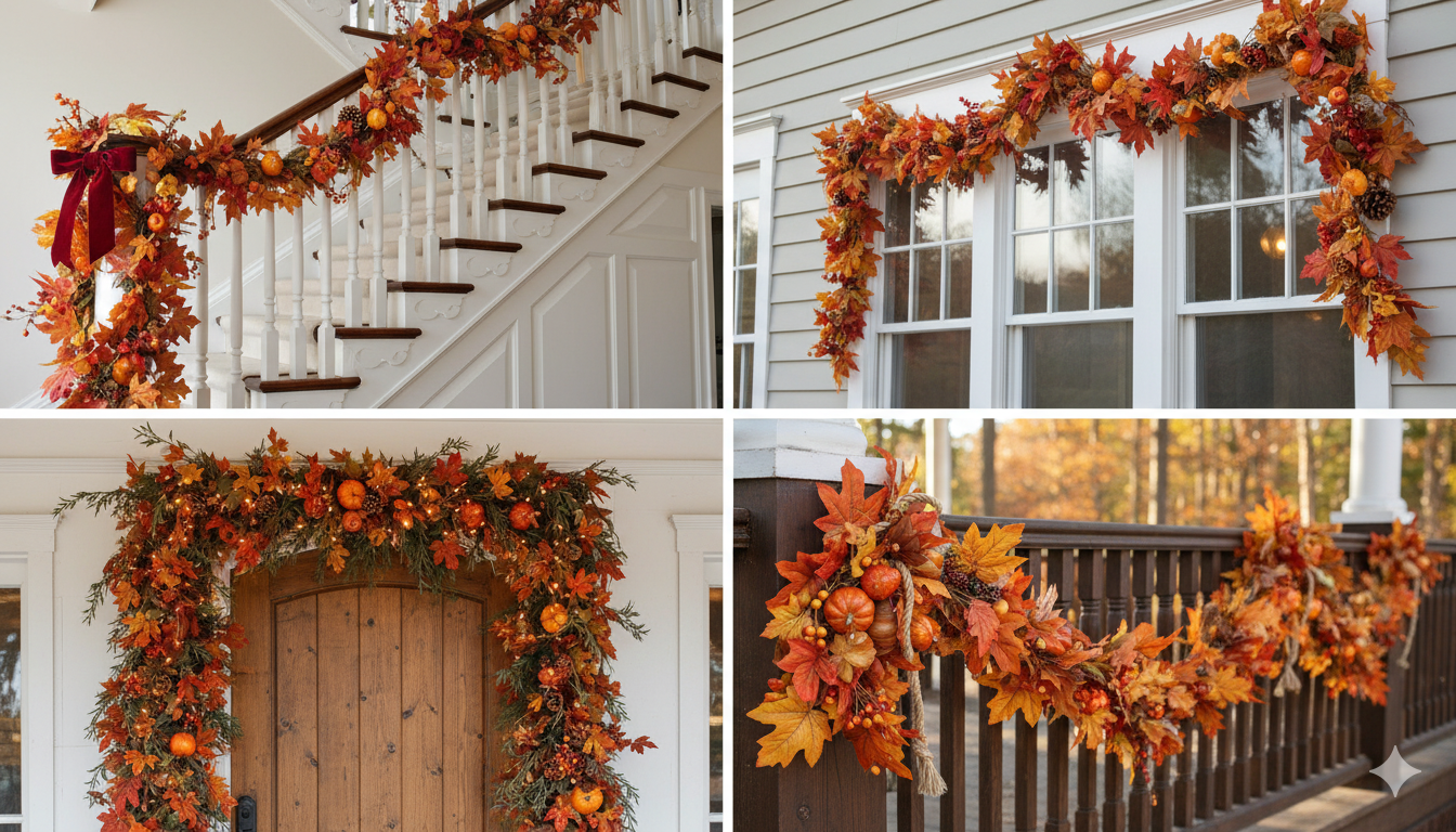 Multiple examples of fall garland styling in different locations: TOP shows a staircase with mixed element garland (leaves, berries, pinecones, mini pumpkins) wound through white painted banister with burgundy velvet ribbon woven throughout; MIDDLE LEFT displays a doorway framed with lighted fall garland featuring warm LED lights, maple leaves, and cascading down both sides; MIDDLE RIGHT shows a window with fall leaf garland draped across the top frame; BOTTOM shows outdoor porch railing decorated with weather-resistant fall garland secured with decorative ties, featuring orange and rust colored leaves with small gourds attached. Natural afternoon lighting throughout.