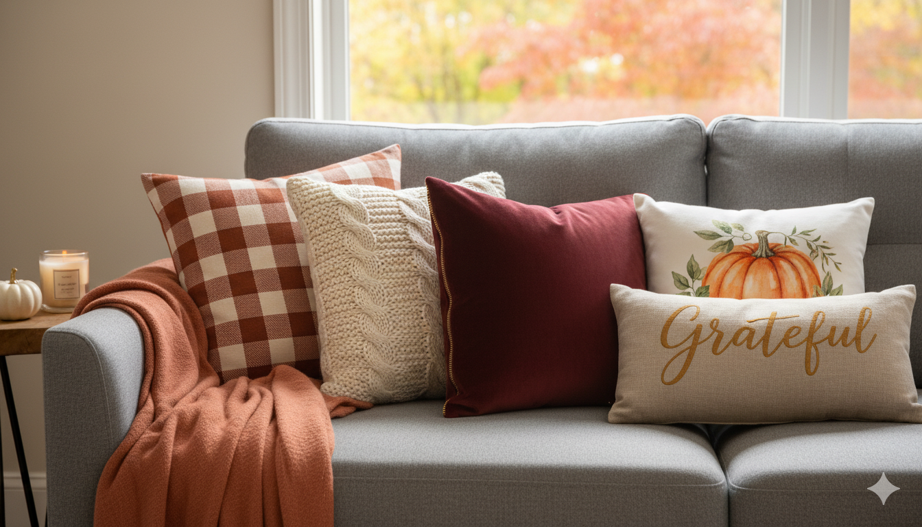 Cozy fall living room corner featuring a gray sofa styled with fall pillow covers: from left to right shows a rust-colored buffalo check pillow, a cream chunky cable knit pillow, a burgundy velvet pillow with gold zipper detail, a pillow with watercolor pumpkin print, and a natural linen lumbar pillow with "Grateful" in script lettering. A terracotta colored throw blanket is draped over the arm of the sofa. Side table visible with a small white pumpkin and candle. Warm, inviting lighting with fall foliage visible through window in background.