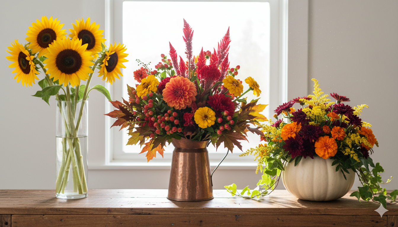 Three stunning fall flower arrangements side by side: LEFT shows a simple striking arrangement with all sunflowers of varying heights in a clear glass cylinder vase on a white surface; CENTER displays an abundant layered arrangement mixing orange dahlias, red celosia, yellow zinnias, hypericum berries, and fall foliage in a vintage copper pitcher; RIGHT features a unique arrangement in a hollowed white pumpkin vase filled with burgundy mums, golden solidago, and orange marigolds with trailing greenery. Styled on a wooden console table with soft natural window lighting.
