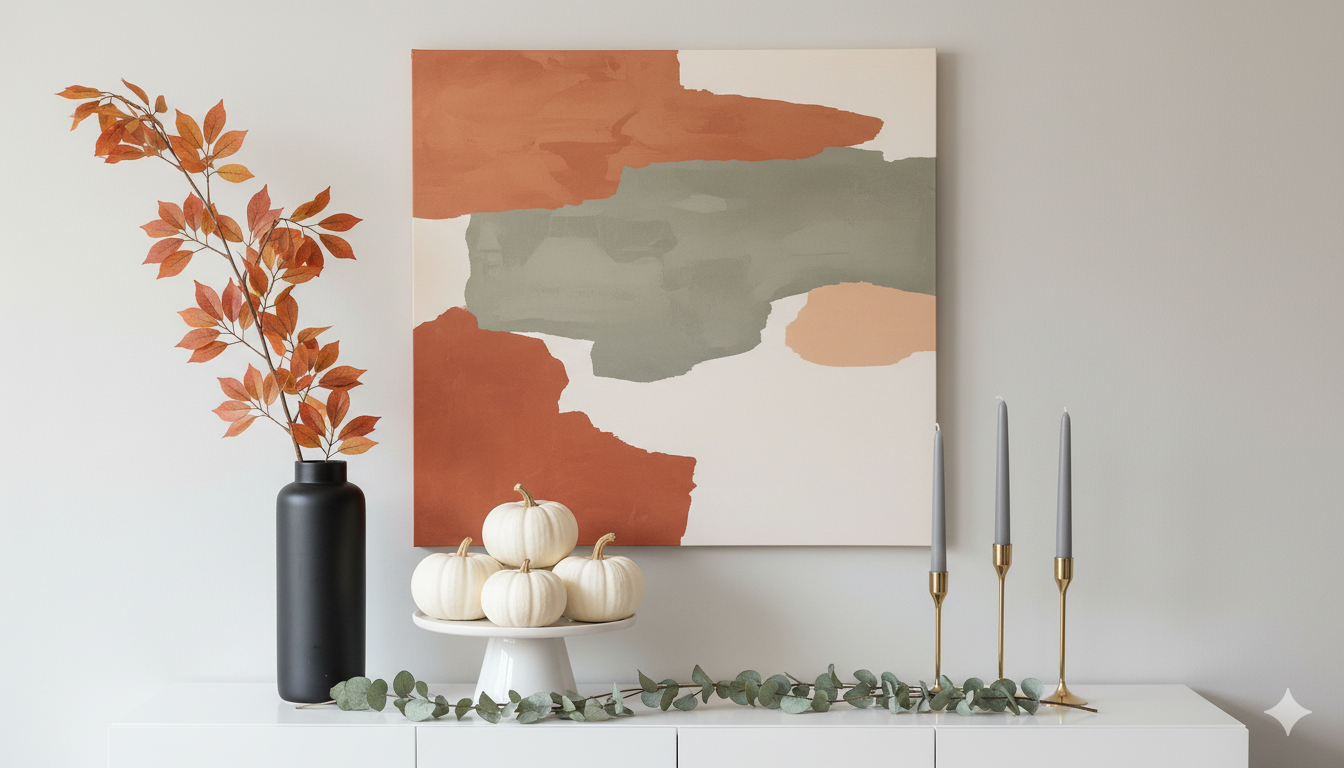 Modern fall decor vignette on a white console table: Clean, minimalist styling featuring five all-white pumpkins of varying sizes arranged on a white geometric pedestal, a single large branch with preserved fall leaves in a matte black cylindrical vase, three identical matte gray taper candles at graduated heights in brass modern candle holders, and a simple eucalyptus garland laid horizontally. Background shows a large abstract art piece in muted terracotta and sage tones. Styling emphasizes negative space, clean lines, and sophisticated simplicity. Soft diffused natural lighting.