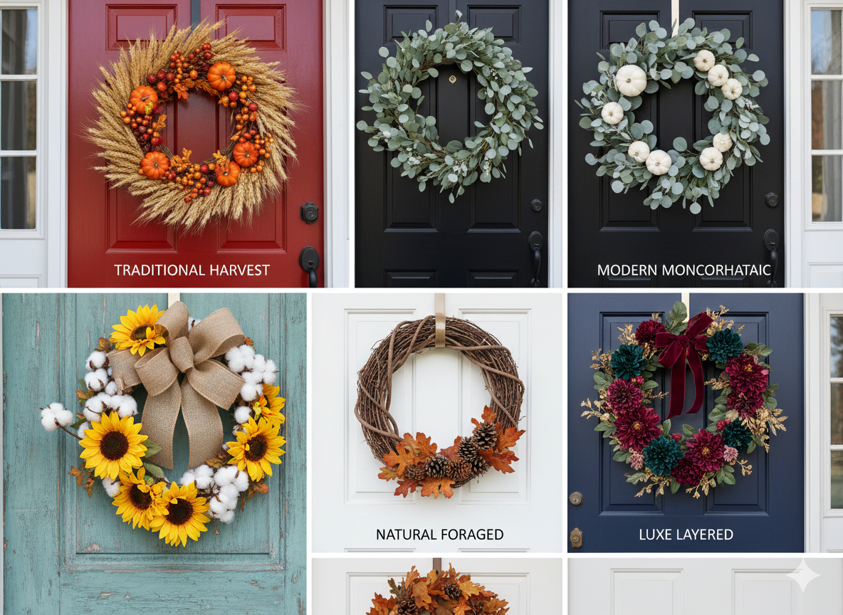 Side-by-side before and after comparison of a front porch transformation: LEFT shows a plain porch with only a basic doormat and potted plant; RIGHT shows the same porch beautifully decorated for fall with a large wreath on the door, symmetrical pumpkin arrangements in varying sizes and colors, mums in decorative urns, a cozy seating area with fall pillows and a plaid throw, corn stalks tied with ribbon, and warm string lights overhead creating an inviting glow at dusk.