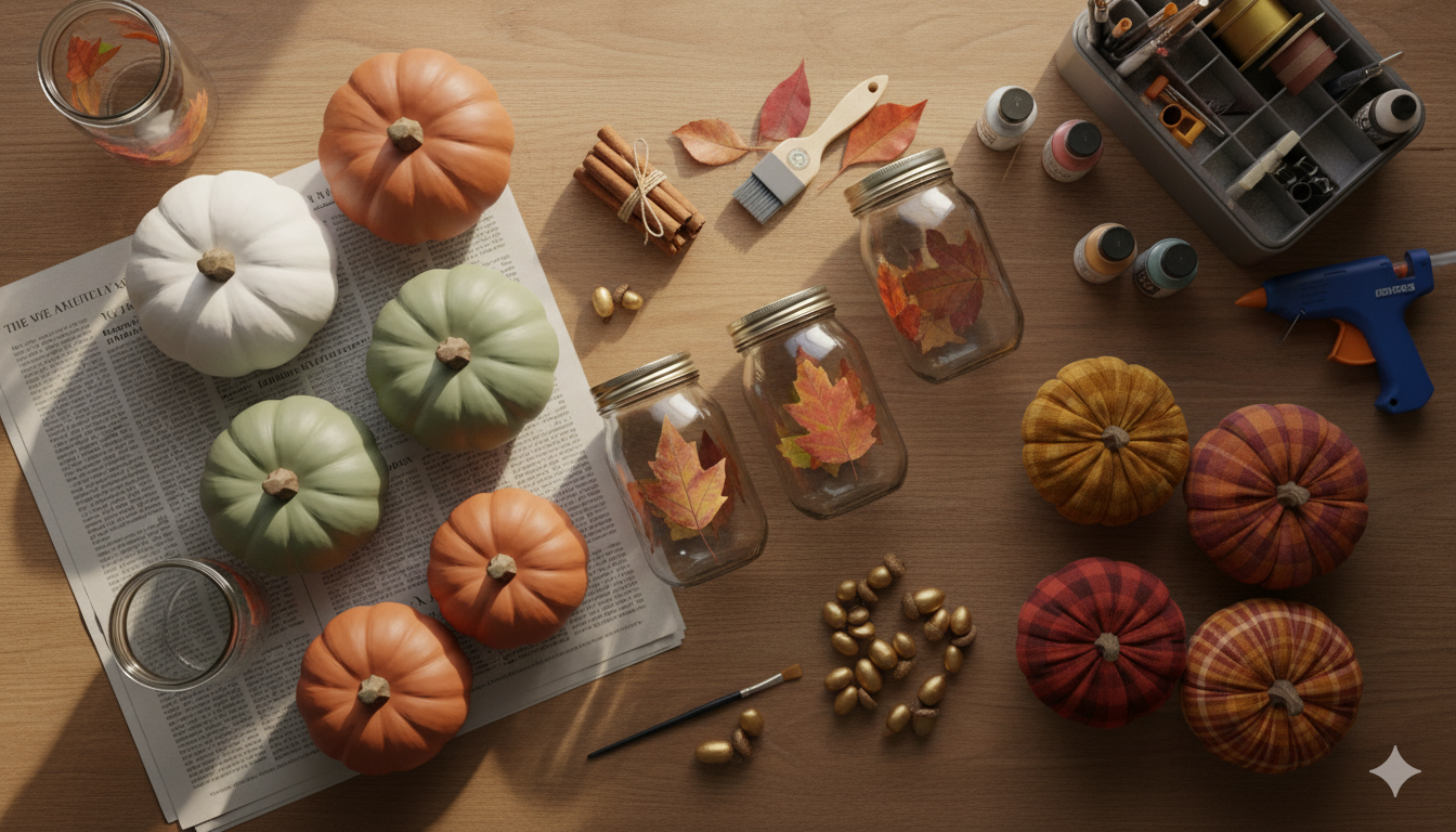 Flat lay workspace showing DIY fall decor projects in progress: painted pumpkins in white, sage green, and terracotta drying on newspaper; mason jars with pressed fall leaves being applied with a foam brush and Mod Podge; cinnamon stick bundles tied with twine; fabric pumpkins in various patterns including plaid and velvet; acorns being painted with metallic gold paint; crafting supplies like hot glue gun, paintbrushes, and ribbon organized in the scene with warm natural lighting.
