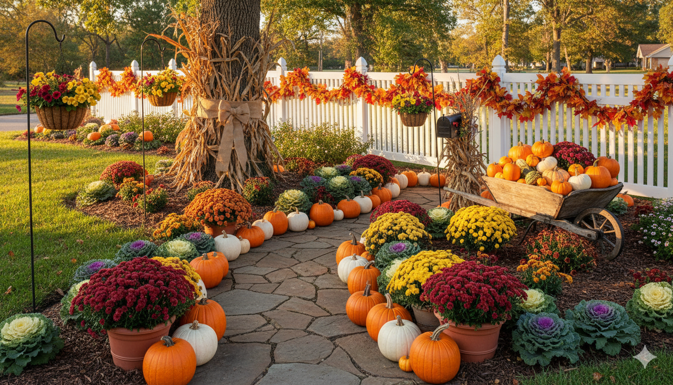 Beautiful outdoor fall display showing a front yard decorated for autumn: curved stone walkway lined with alternating white and orange pumpkins and potted mums in burgundy and gold; a large oak tree with corn stalks tied around the base with burlap ribbon; garden beds filled with ornamental kale and fall asters; a vintage wheelbarrow overflowing with pumpkins and gourds near a white picket fence decorated with fall garland; shepherd's hooks with hanging baskets of trailing flowers; and the mailbox post wrapped in corn stalks with a small wreath on the mailbox door. Scene photographed in late afternoon golden hour light.