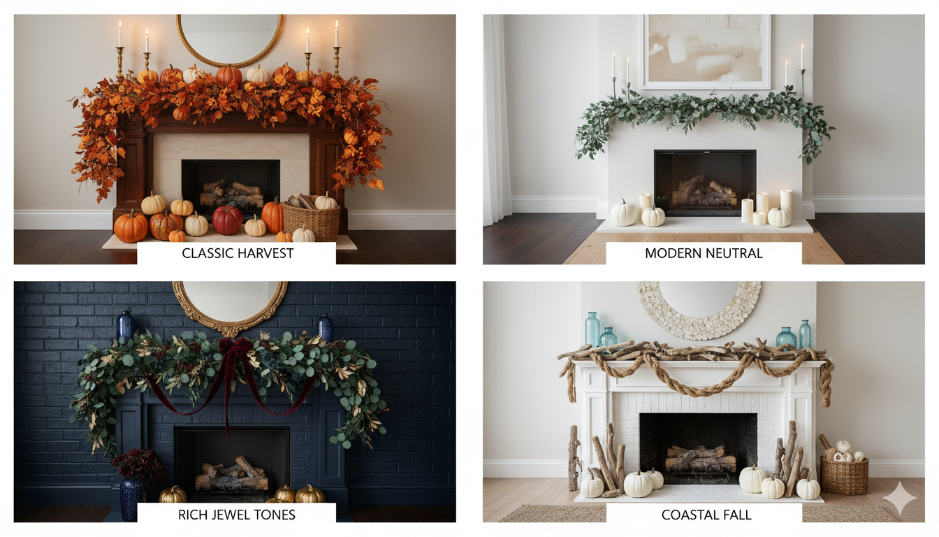 Four different fall mantel styling examples in a grid layout: TOP LEFT shows a classic harvest mantel with orange and rust garland, traditional autumn colors, multiple sized pumpkins, and brass candlesticks; TOP RIGHT displays a modern neutral mantel with all-white elements, eucalyptus garland, cream candles, and minimalist aesthetic; BOTTOM LEFT features a rich jewel tones mantel with burgundy velvet ribbon, navy accents, gold metallic elements, and lush greenery; BOTTOM RIGHT presents a coastal fall mantel with white pumpkins, driftwood pieces, soft blue accents, and natural rope elements. Each styled mantel is above a fireplace with appropriate coordinating decor.