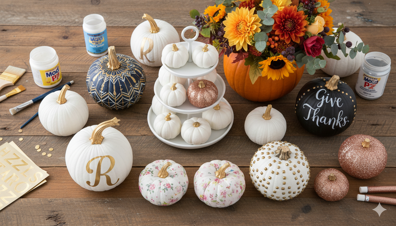 Creative pumpkin decorating ideas display: A styled flat lay showing various decorated pumpkins including white painted pumpkins with gold metallic stems, a pumpkin with geometric navy and gold patterns, a monogrammed white pumpkin with elegant script letter, pumpkins decorated with decoupage floral napkin patterns, a chalkboard-painted pumpkin with hand lettering saying "Give Thanks", studded pumpkins with brass upholstery tacks creating patterns, and glittered pumpkins in rose gold. Also includes a tiered cake stand display with pumpkins at different heights, and a hollowed pumpkin being used as a vase with fall flowers. Workspace shows crafting supplies like paintbrushes, Mod Podge, vinyl letters, and tacks.