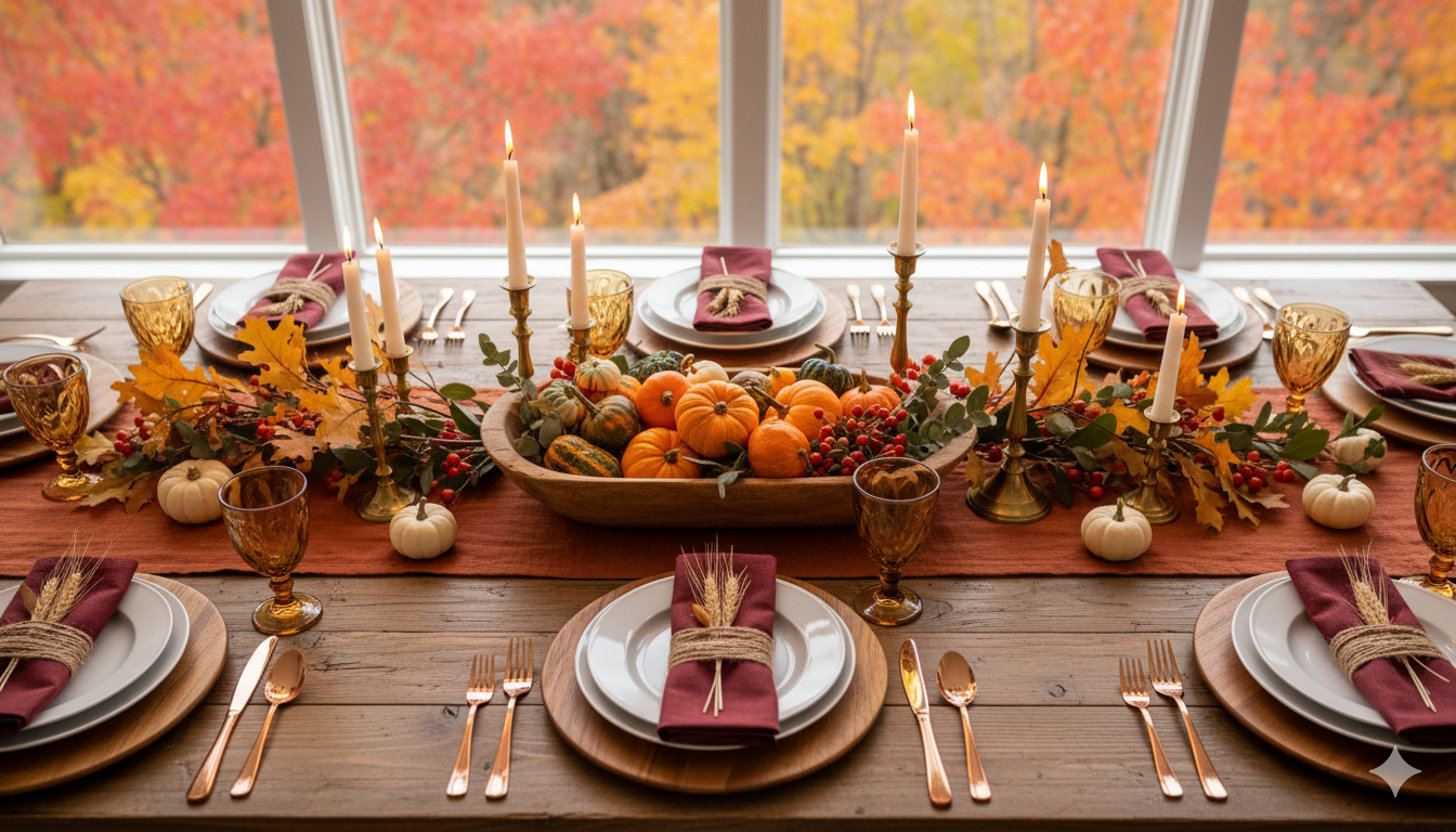 Beautifully set fall dining table from overhead view: Long wooden farmhouse table with a rust-colored linen table runner down the center, elegant place settings with white plates on wooden chargers, burgundy cloth napkins tied with twine and small sprigs of wheat, a low centerpiece running the length of the table featuring a wooden dough bowl filled with mixed pumpkins and gourds, pillar candles in brass holders at varying heights interspersed with fall foliage and berries, mini white pumpkins scattered between place settings, copper flatware, and amber glassware. Warm candlelight illuminates the scene with windows showing fall foliage in the background.