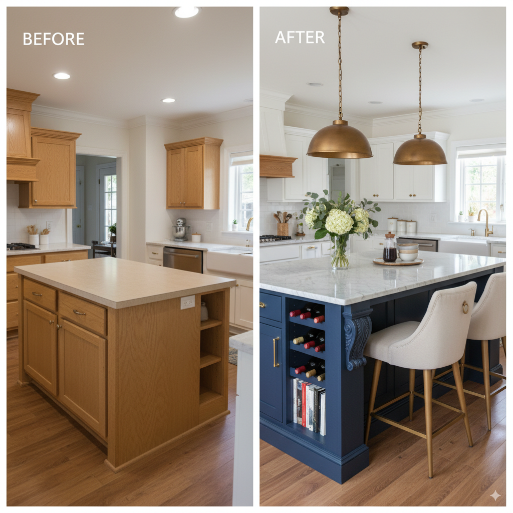 Before and after transformation showing a kitchen island makeover: LEFT SIDE shows a basic kitchen with a plain rectangular island with minimal storage. RIGHT SIDE shows the same space transformed with a multi-functional island featuring built-in wine storage, decorative corbels, pendant lighting, bar seating with stylish stools, and a beautiful countertop with fresh flowers and styled accessories.