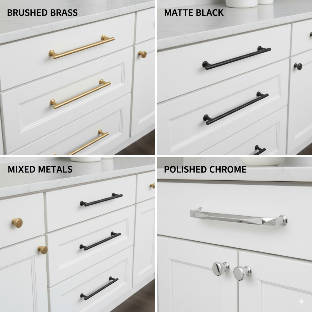 Collage showing four different kitchen hardware styles on identical white cabinets: TOP LEFT shows brushed brass pulls and knobs creating a warm, luxurious feel; TOP RIGHT displays matte black hardware for a modern, sophisticated look; BOTTOM LEFT features mixed metal finishes (brass and black) for an eclectic style; BOTTOM RIGHT shows oversized geometric pulls in polished chrome for a contemporary statement. Each section is clearly labeled with the hardware style name.